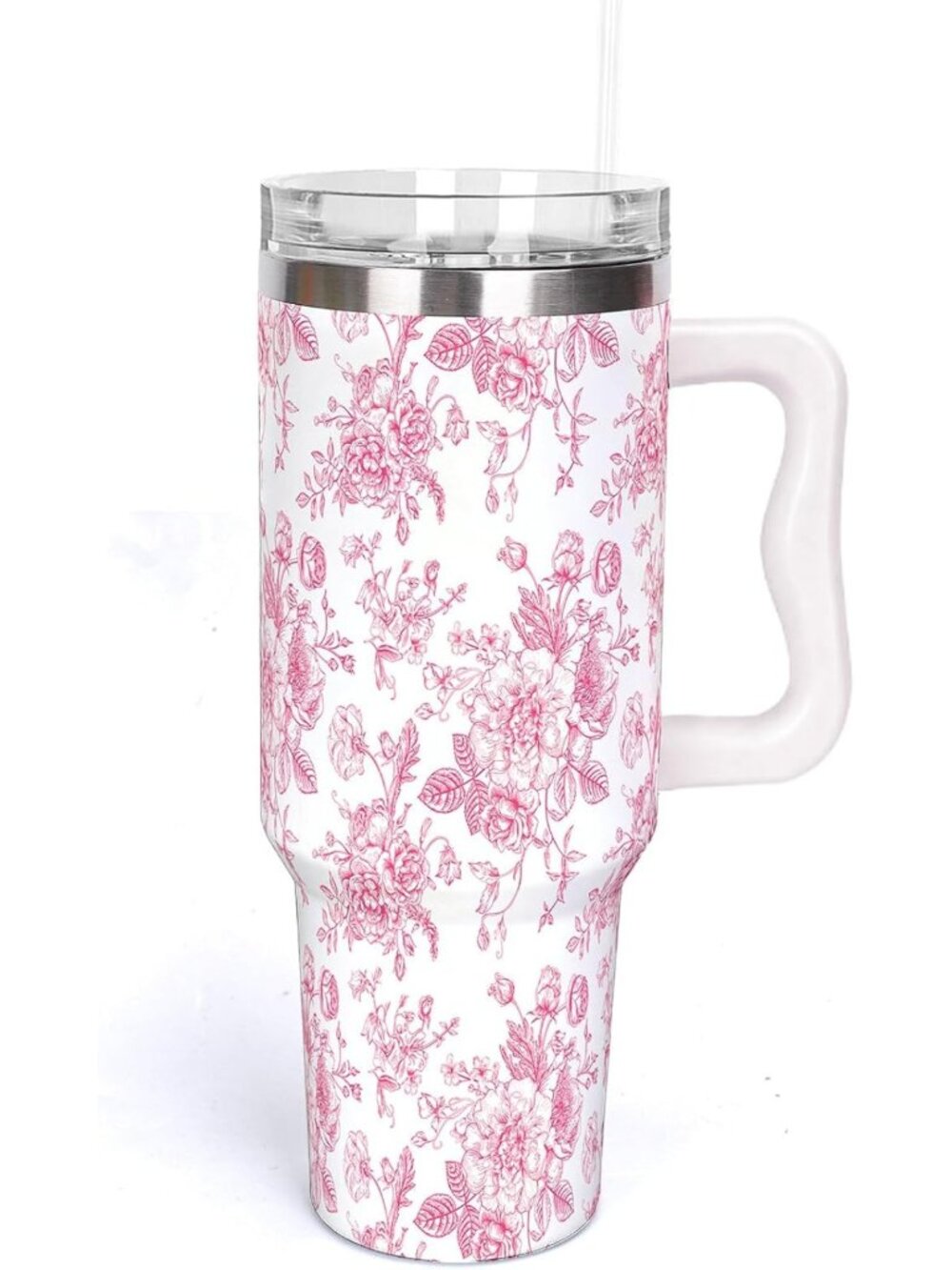 40 oz Pink Floral Tumbler with Handle & Straw - Spring Travel Coffee Cup